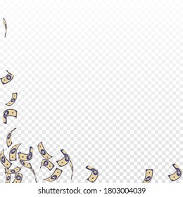 Chinese yuan notes falling. Sparse CNY bills on transparent background. China money. Divine vector illustration. Delightful jackpot, wealth or success concept.