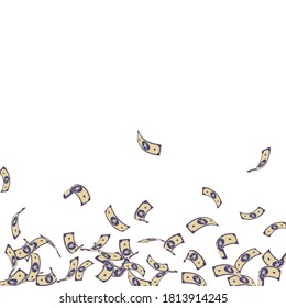 Chinese yuan notes falling. Sparse CNY bills on white background. China money. Ecstatic vector illustration. Great jackpot, wealth or success concept.