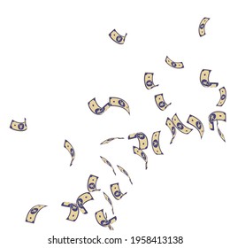Chinese yuan notes falling. Sparse CNY bills on white background. China money. Dramatic vector illustration. Sightly jackpot, wealth or success concept.