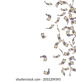 Chinese yuan notes falling. Sparse CNY bills on white background. China money. Ecstatic vector illustration. Popular jackpot, wealth or success concept.