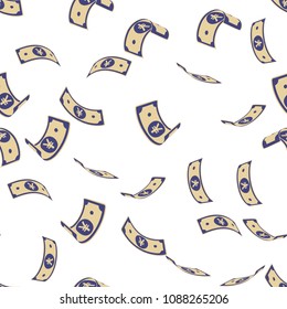 Chinese yuan notes seamless pattern. Scattered CNY bills. China sparse flying money. Jackpot, wealth or success concept. Vector illustration.