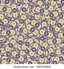 Chinese yuan notes seamless pattern. Scattered CNY bills. China random flat money. Jackpot, wealth or success concept. Vector illustration.
