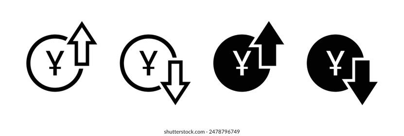 Chinese yuan price increasing and decreasing icon set in black and white color. Chinese currency rising and falling symbol set. Chinese yuan coin with up and down arrow with outline and fill.