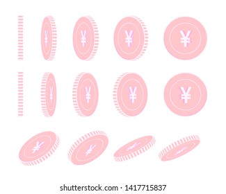 Chinese yuan rotating coins set, animation ready. Pink CNY copper coins rotation. China metal money. Actual cartoon vector illustration.