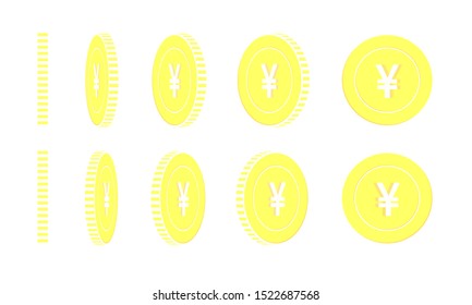 Chinese yuan rotating coins set, animation ready. Yellow CNY gold coins rotation. China metal money. Admirable cartoon vector illustration.
