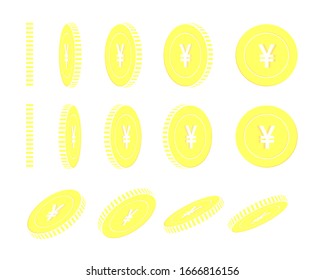 Chinese yuan rotating coins set, animation ready. Yellow CNY gold coins rotation. China metal money. Appealing cartoon vector illustration.