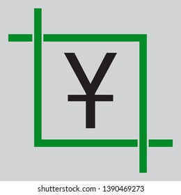 Chinese Yuan sign. Black icon inside green crop tool at light gray background