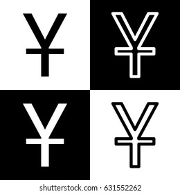 Chinese Yuan sign. Vector. Black and white icons and line icon on chess board.