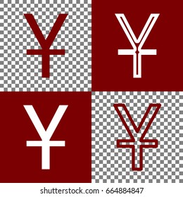 Chinese Yuan sign. Vector. Bordo and white icons and line icons on chess board with transparent background.