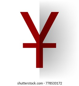 Chinese Yuan sign. Vector. Bordo icon on white bending paper background.