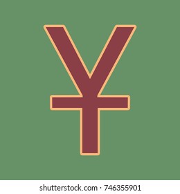 Chinese Yuan sign. Vector. Cordovan icon and mellow apricot halo with light khaki filled space at russian green background.