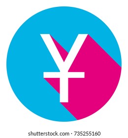 Chinese Yuan sign. Vector. Flat white icon with mexican pink shadow inside sky blue(S and G) circle at white background. Isolated. Trend colors in 2017.