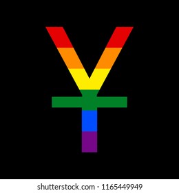 Chinese Yuan sign. Vector. Icon with colors of LGBT flag at black background.