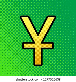 Chinese Yuan sign. Vector. Pop art orange to yellow dots-gradient icon with black contour at greenish background.