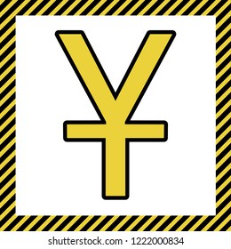 Chinese Yuan sign. Vector. Warm yellow icon with black contour in frame named as under construction at white background. Isolated.