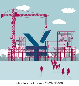 The Chinese yuan under construction. A group of businessmen walked to the building site.