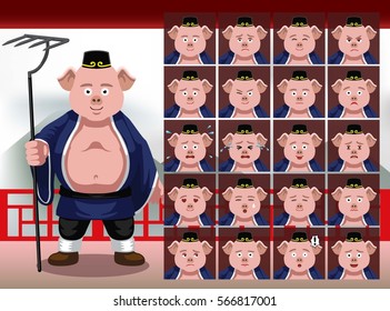 Chinese Zhu Bajie Cartoon Emotion Faces Vector Illustration