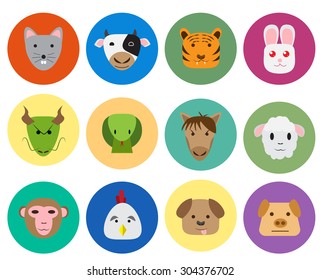 Chinese zodiac 12 animal icon in cute and simple flat style. isolated vector object.