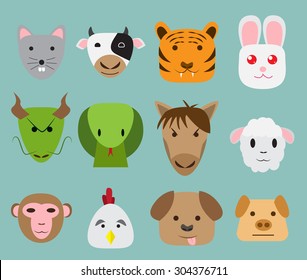 Chinese zodiac 12 animal icon in simple flat style. animal avatar.