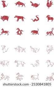 Zodiaco chino con 12 signos animales, siluetas para los nuevos años. Conjunto de doce símbolos del horóscopo oriental, conejo de oro, tigre, dragón, serpiente y mascotas de caballo. Ilustraciones vectoriales gráficas planas aisladas