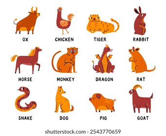 Chinese Zodiac with 12 animal signs, New year zodiac symbols. Twelve oriental horoscope signs set, rabbit, tiger and dragon, snake and horse, goat and dog, rat monkey, and mascot vector illustration