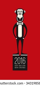 Chinese Zodiac 2016 Year icon - Monkey. Vector illustration in flat style. Merry Christmas design element. Happy New year background.