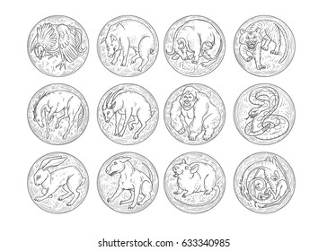 Chinese zodiac aggressive animals round icons set. Rat snake dragon pig rooster rabbit horse monkey dog tiger ox bull mouse. The sketch black and white vector illustration