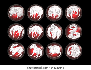 Chinese zodiac aggressive animals round icons set. Rat snake dragon pig rooster rabbit horse monkey dog tiger ox bull mouse. The sketch vector illustration