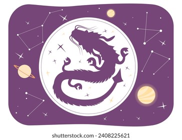 Chinese zodiac animal of 2024 year. Poster design. Dragon, planets, constellation of stars. Lunar New Year concept