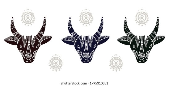 Chinese Zodiac. Chinese Animal astrological sign. Cow. Vector Illustration.Black African bull with  ornaments. Symbol of 2021