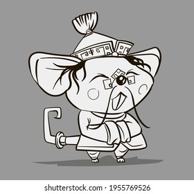 Chinese zodiac animal cartoon. Coloring page with mouse hand drawn character. Vector Design for your greetings card, flyers, invitation, posters, brochure, banners, calendar