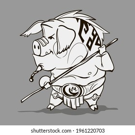Chinese zodiac animal cartoon. Coloring page with pig hand drawn character. Vector Design for your greetings card, flyers, invitation, posters, brochure, banners, calendar