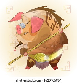 Chinese zodiac animal cartoon. Pig hand drawn character. Vector Design for your greetings card, flyers, invitation, posters, brochure, banners, calendar