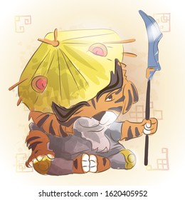 Chinese zodiac animal cartoon. Tiger hand drawn character. Vector Design for your greetings card, flyers, invitation, posters, brochure, banners, calendar