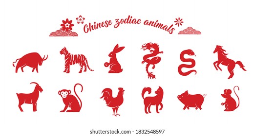 Chinese zodiac animal collection. Twelve asian new year red character logos set isolated on white background. Vector illustration of astrology calendar horoscope symbols. svg