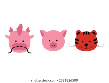 Chinese zodiac animal in flat style, dragon tiger pig. Vector illustration