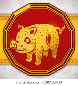 Chinese Zodiac animal: pig in a golden silhouette inside a red and glossy dodecagon shape and a golden ribbon with pattern.