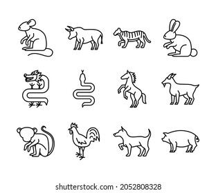 Chinese Zodiac Animal Sign Black Thin Line Icon Set Include of Dragon, Rabbit, Tiger and Horse. Vector illustration of Icons