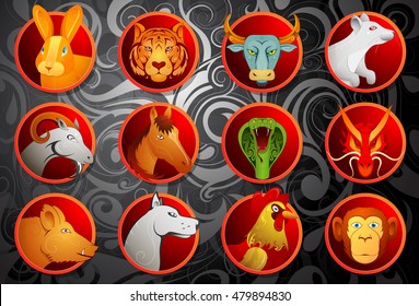 Chinese zodiac animal signs set in cartoon style with decorative background