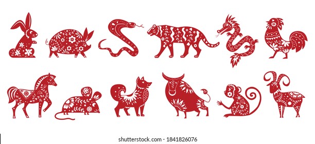 Chinese zodiac animal symbols isolated on white set of vector illustrations. Horoscope signs silhouette with ethnic ornament. Collection of chinese calendar animals, astrological icons.