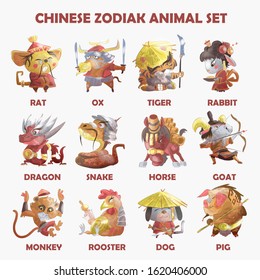 Chinese zodiac animals cartoon set of rabbit dog monkey pig tiger horse dragon goat snake rooster ox rat isolated cartoon hand drawn vector illustration
