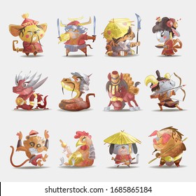 Chinese zodiac animals cartoon set of rabbit dog monkey pig tiger horse dragon goat snake rooster ox rat isolated cartoon hand drawn vector illustration