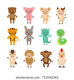 Chinese zodiac animals cartoon vector characters set. Dragon and snake, dog and rabbit, horse and monkey, tiger and pig illustration
