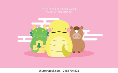 Chinese zodiac animals dragon snake and horse. Lunar new year 2025 greeting card, year of the snake cute cartoon card illustration.