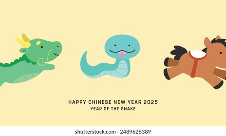 Chinesische Tierarten Drachen Schlange und Pferd. Drei süße Tierkinder für das chinesische Neujahr der Schlange 2025.