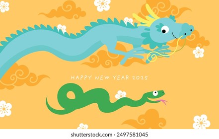 Chinese zodiac animals dragon and snake new year card. Happy chinese new year of the snake 2025 wth former new year dragon. Lunar new year 2025 card with snake and dragon together.