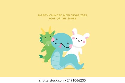 Chinese zodiac animals greeting card 2025. Zodiac cartoon snake, dragon and rabbit for chinese new year of the snake 2025.