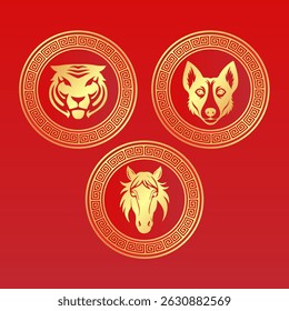 Chinese Zodiac Animals Illustration - Tiger, Dog, and Horse in Golden Frames on Red Background. Festive Design.