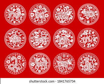 Chinese zodiac animals isolated vector icons set. White horoscope signs cock, dog and pig, rat, bull and tiger. Hare, dragon and snake, horse, goat and ape on red background. Asian symbols of year svg