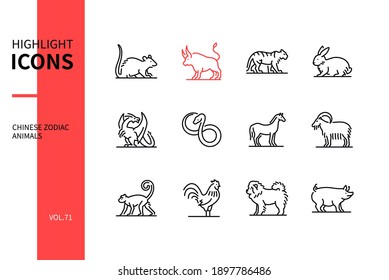 Animales zodiacos chinos - conjunto de iconos de diseño de línea. Tradiciones y símbolos nacionales de Año Nuevo, astrología y horóscopo. Rata, buey, tigre, conejo, dragón, serpiente, caballo, cabra, mono, gallo, perro, cerdo